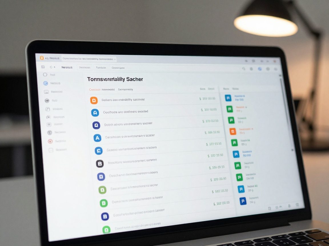 Close-up of a laptop screen showing an open vulnerability scanner UI with severity icons and risk scores, high contrast colors, no text labels, blurred office background