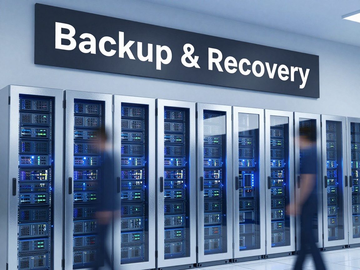 Wide‑angle view of an offsite backup facility featuring rows of mirrored storage arrays under cool blue lighting, reflective silver panels, and a digital sign reading "Backup & Recovery".