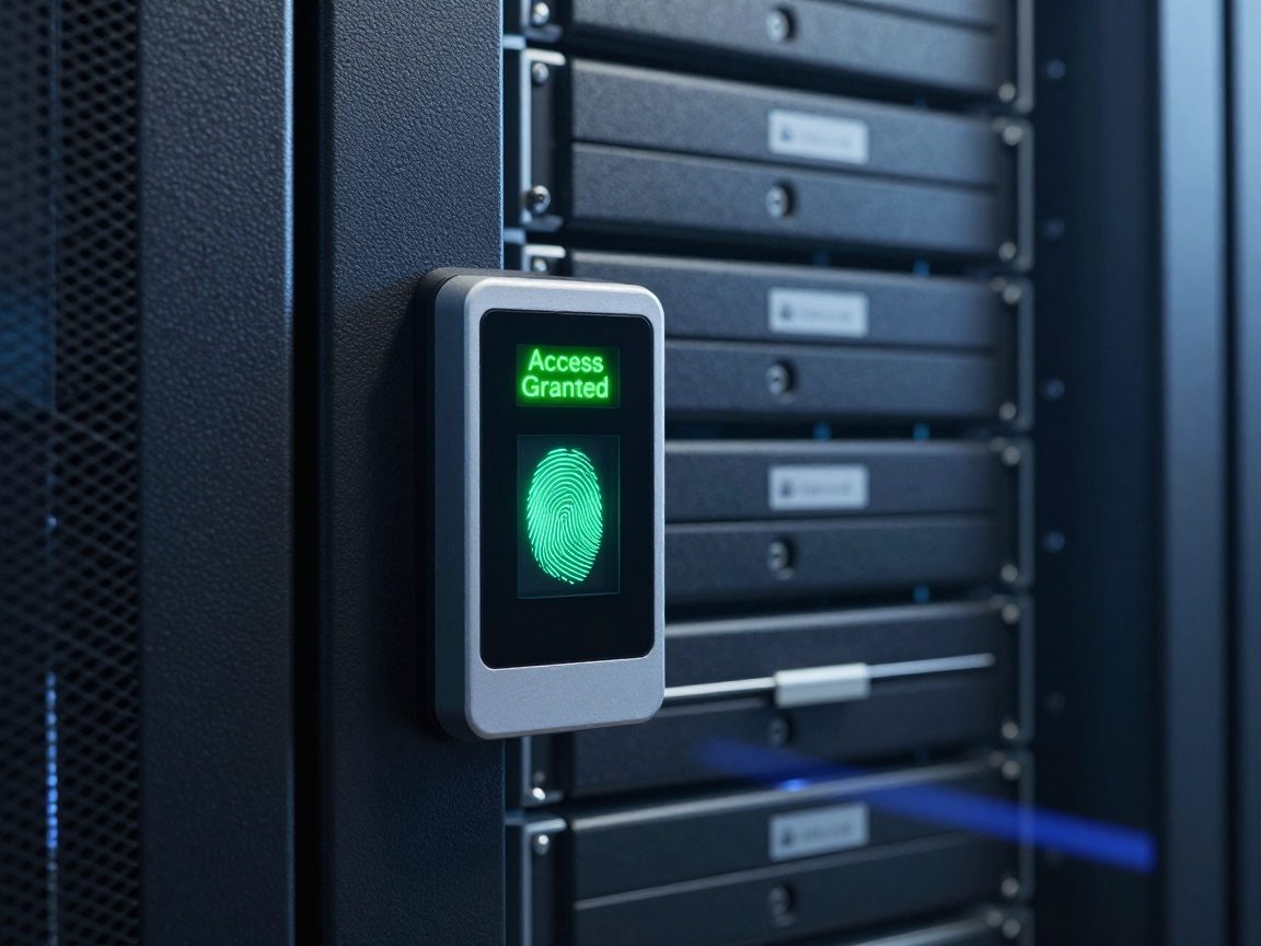 Close‑up of a biometric access panel in a server room, featuring an illuminated fingerprint scanner and a green LED display reading "Access Granted," with labeled encrypted hard drive racks behind it.