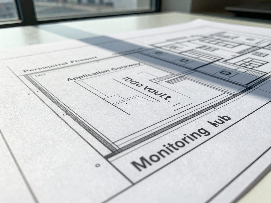 Close‑up of a detailed architectural blueprint on a matte white table showing layered security zones—perimeter firewall, application gateway, data vault, and monitoring hub—with crisp sans‑serif labels in dark gray.