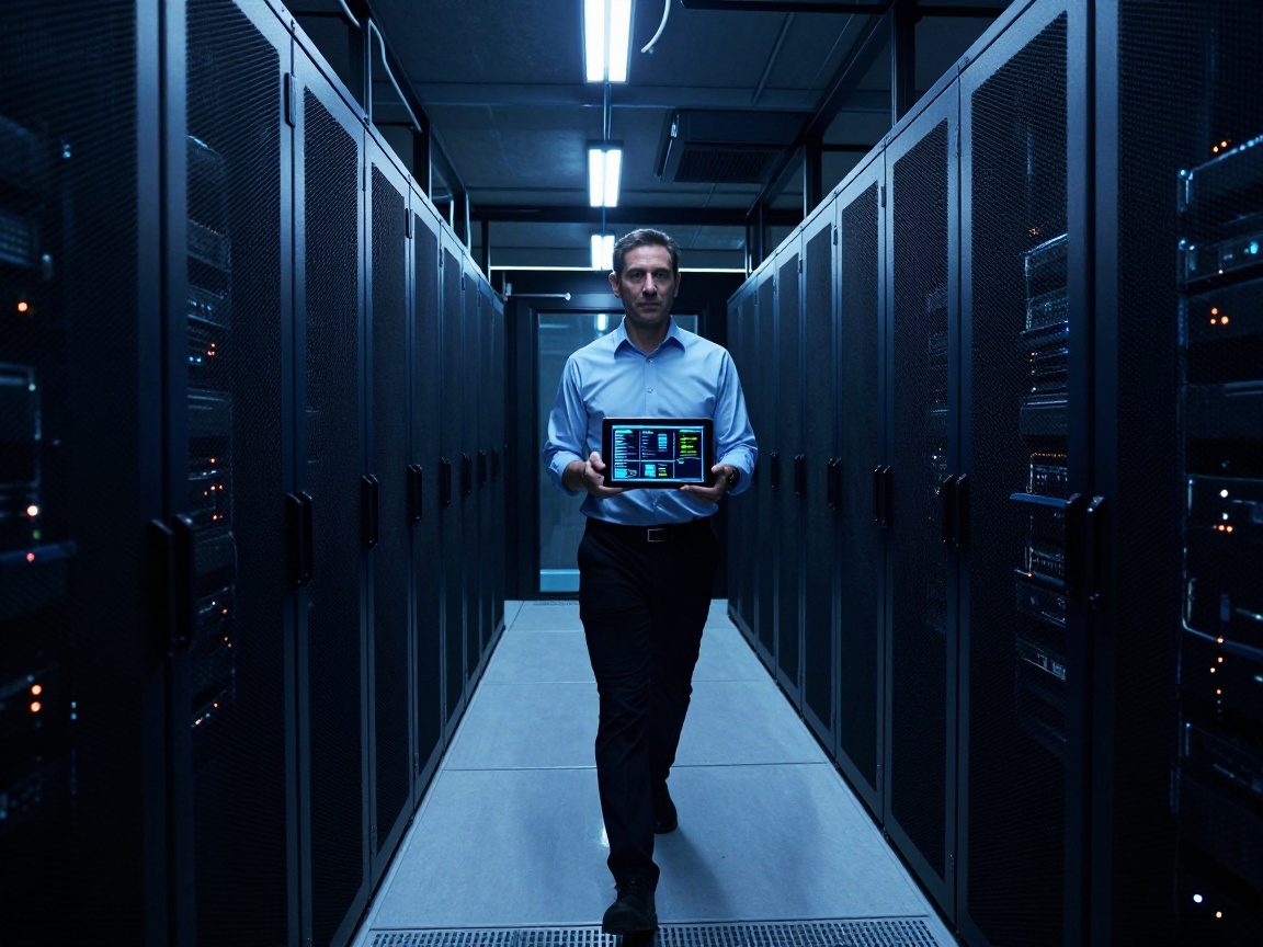 Wide‑angle night view of a secure data center corridor lit by cool blue LEDs; Head of Development walks confidently holding a tablet displaying real‑time security alerts, with server racks and subtle LED indicators in the background.