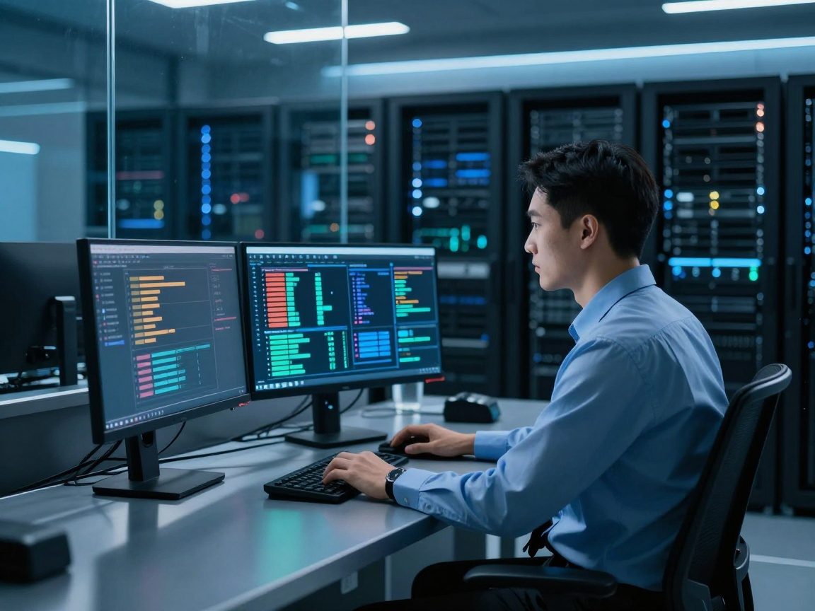 Photorealistic image of a security administrator seated at a dual‑monitor workstation in a data center control room, focused on a vulnerability dashboard with color‑coded risk levels, surrounded by server racks and cool blue LED lighting.
