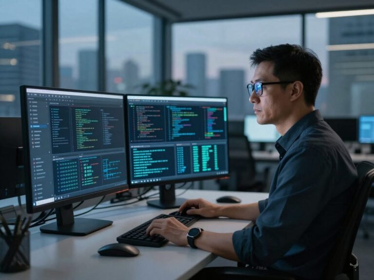 Photorealistic image of a mid‑career security analyst at a dual‑monitor workstation, displaying threat analytics on a detailed dashboard, with cool LED lighting and a glass wall overlooking a city skyline at dusk.