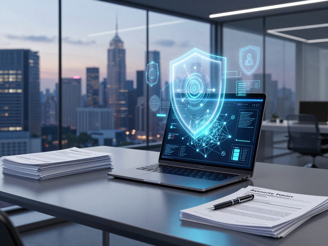 Photorealistic studio shot of a modern architect’s desk with an open laptop showing a network diagram, security policy documents, a mechanical pen, and a holographic projection of layered defense architecture above the screen, all illuminated by cool blue LED lighting against a glass wall overlooking a city skyline at dusk.