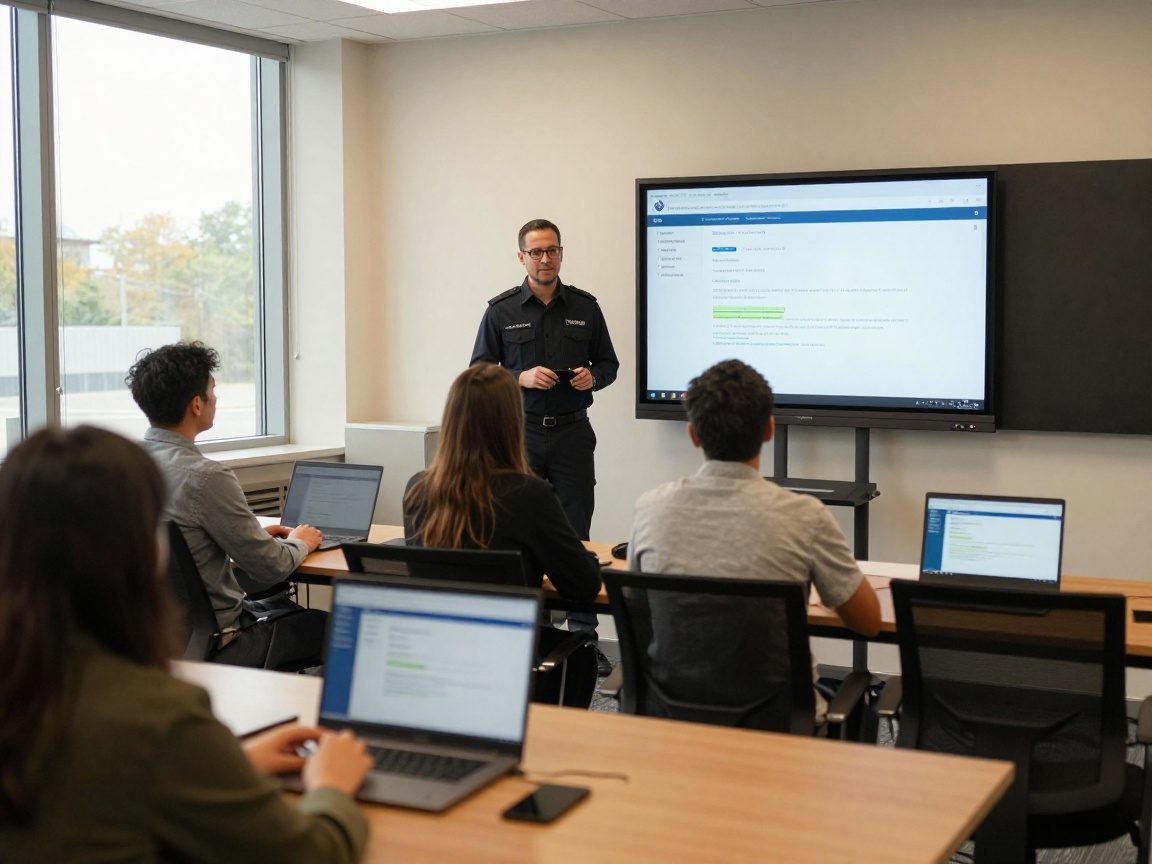 Professional security administrator presenting a live phishing simulation to employees in a modern training room, with a large screen showing a mock email and participants at laptops illuminated by the display.