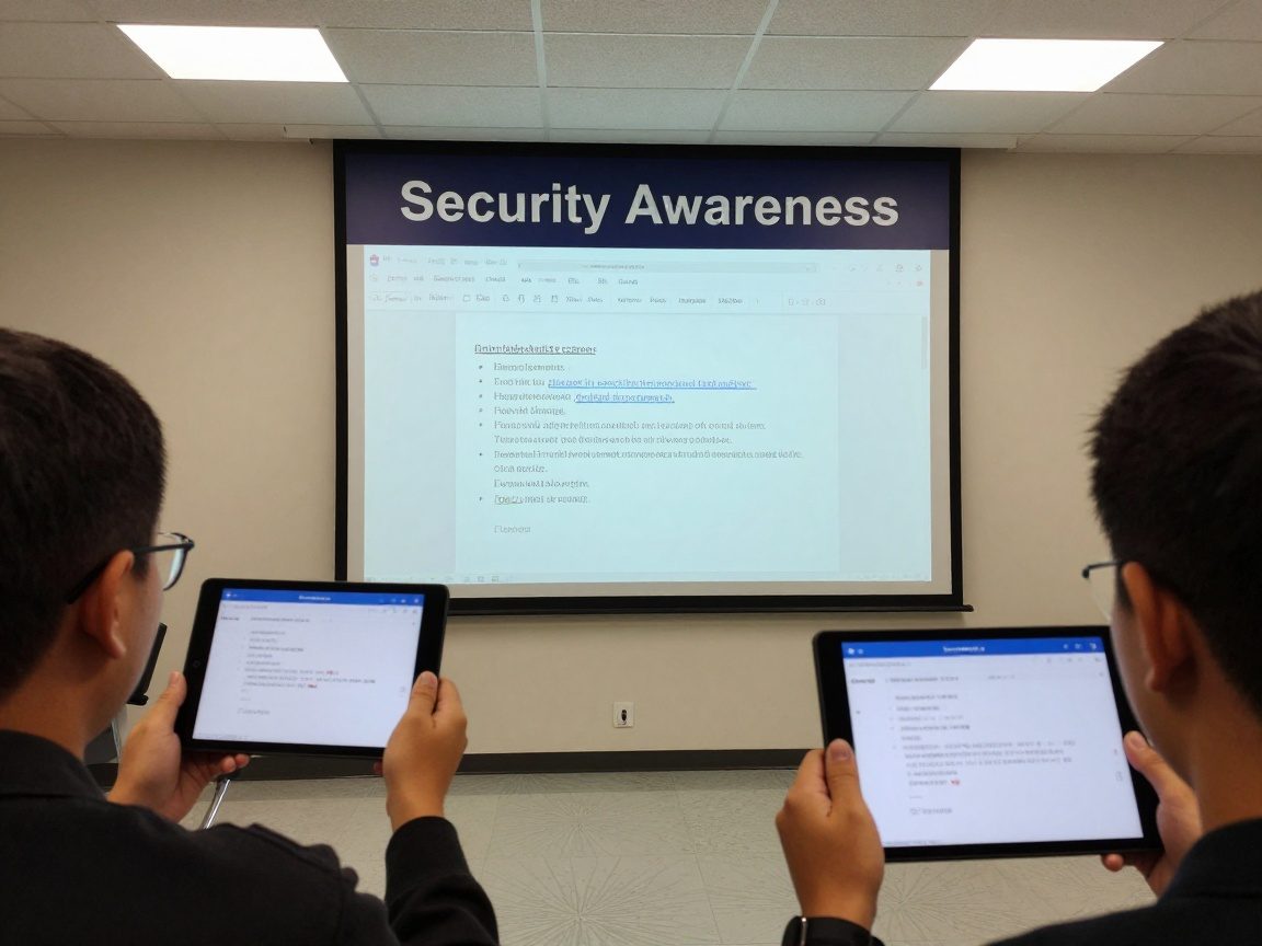 Close‑up of a training room: projector displays a phishing email with highlighted links, participants hold tablets for quizzes; LED lighting and reflective floor tiles create a modern atmosphere.