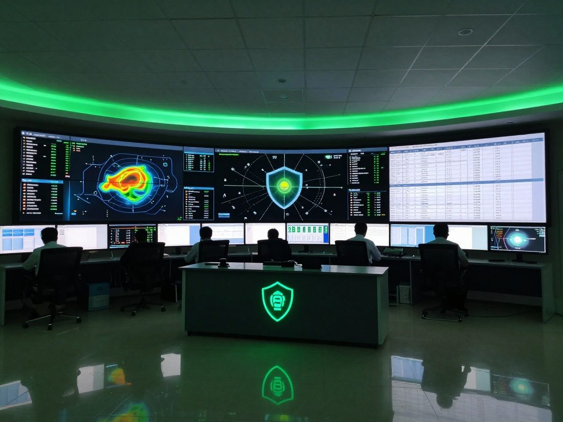 Wide-angle view of a dimly lit operations center with multiple high-resolution monitors displaying threat heat maps, encryption status, and compliance checklists; soft green LED strips illuminate the room, a central console shows an animated shield icon pulsing gently, reflections on polished floor add depth.