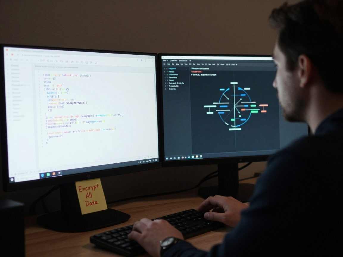 Medium shot of a dark-themed dual-monitor setup: left screen shows highlighted JSON code for an IAM policy editor, right screen displays a graphical network security group panel; subtle monitor glow illuminates the engineer's face with a sticky note reading "Encrypt All Data" on the desk.