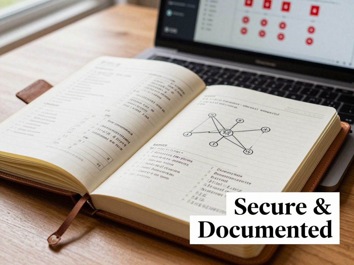 Close‑up of a leather‑bound notebook open to handwritten network diagrams beside a laptop showing a red‑alert SIEM dashboard, natural daylight highlighting paper texture.