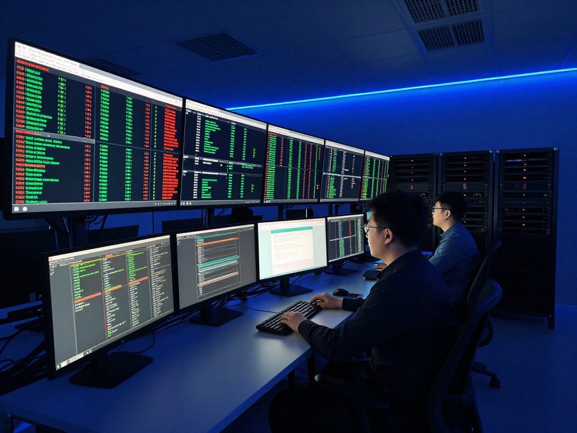 Wide‑angle view of a dimly lit security operations center at night, featuring multiple large monitors displaying threat dashboards in vivid green and red, blue LED strips along the ceiling, and an analyst working at a desk surrounded by cables and server racks.