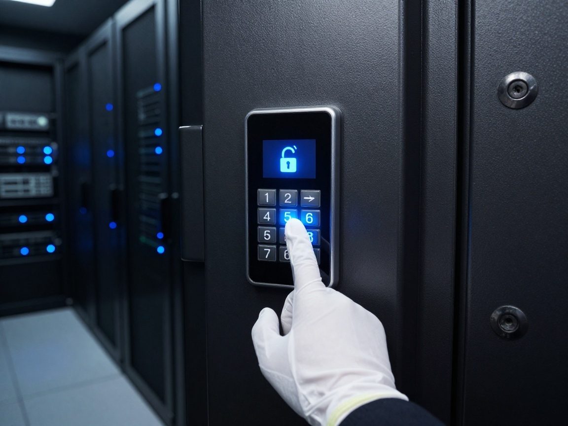 Matte black vault door with digital keypad and biometric scanner glowing softly; a white glove hand touches sensor triggering animated lock icon; dim corridor with server racks emits faint blue LED glow.