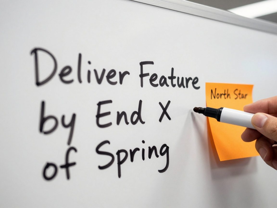 Close‑up of a whiteboard marker hand writing "Deliver Feature X by End of Sprint" in large block letters on a matte white board with faint pencil sketch lines, beside an orange sticky note labeled "North Star", under ambient office lighting.
