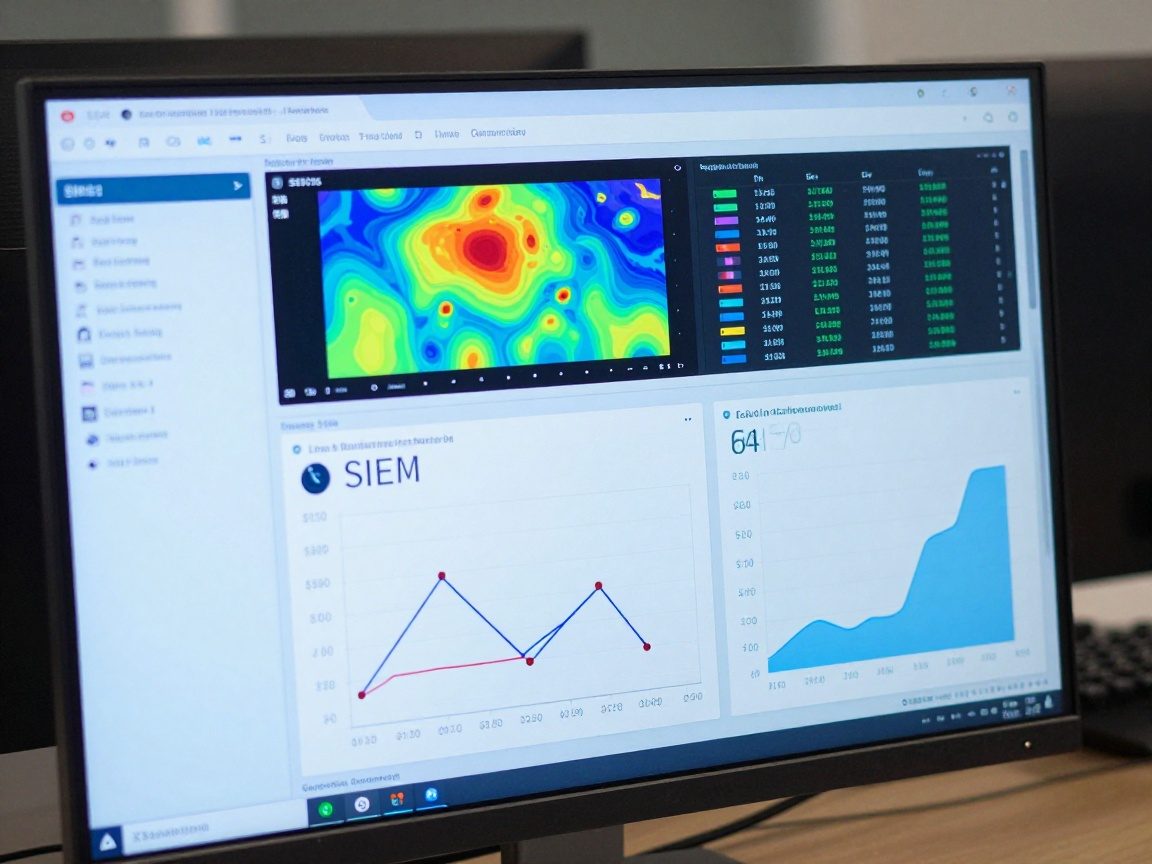 Close-up of a polished monitor showing a detailed SIEM dashboard with log streams, alert heat maps, and correlation graphs under soft blue glow.