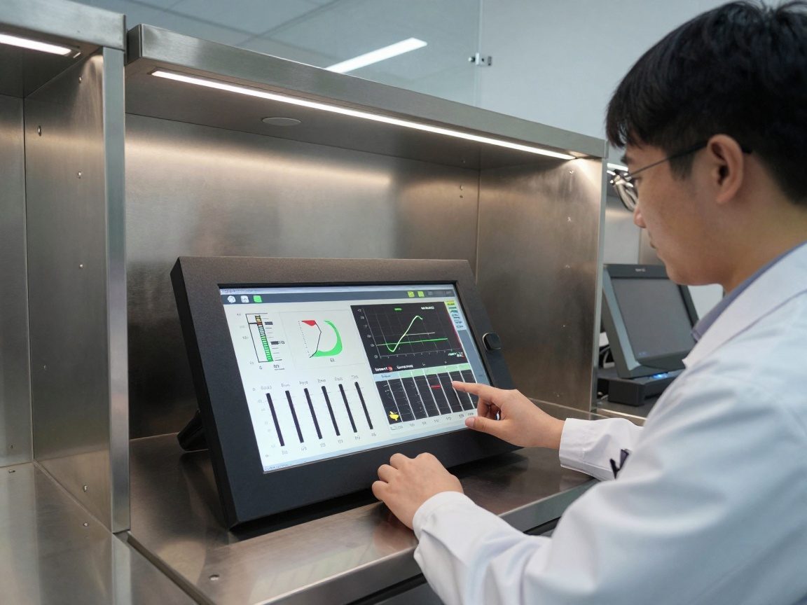 A researcher in a clean industrial lab adjusts temperature, pressure, and velocity sliders on a touchscreen panel while real‑time graphs update behind him.