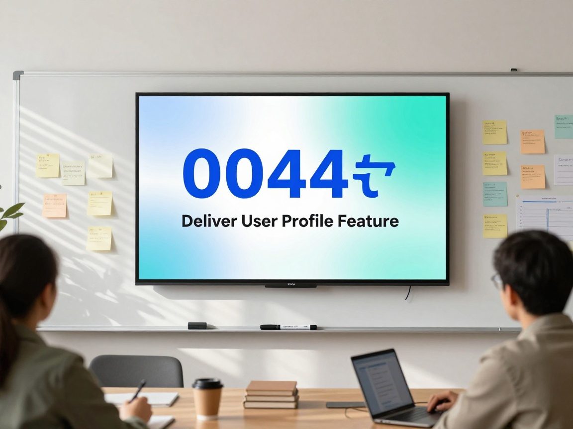 Medium shot of an agile team’s workspace showing a digital display on a whiteboard featuring a bold sprint goal in large sans‑serif font, surrounded by post‑its and markers under natural daylight.