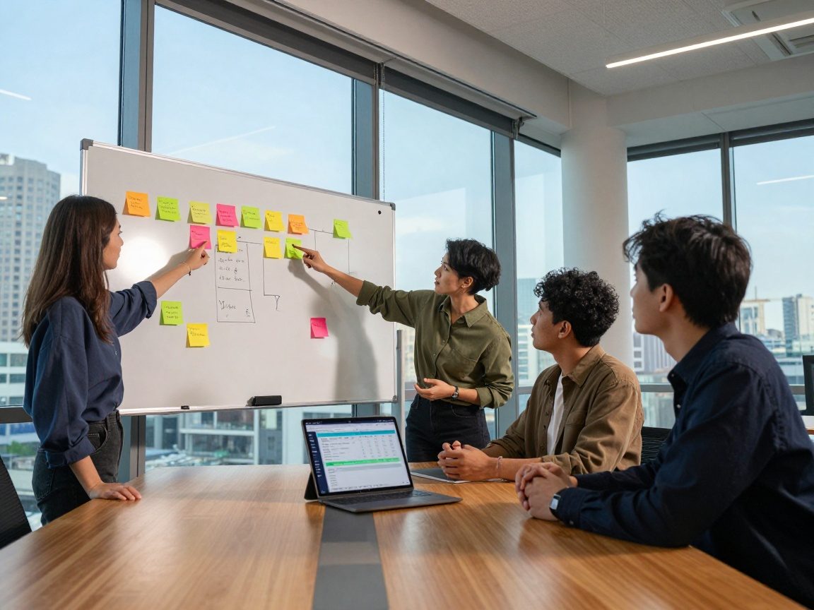 Four diverse professionals mid-discussion around a whiteboard with sticky notes and a digital Jira sprint board, set against a glass wall overlooking an urban skyline.