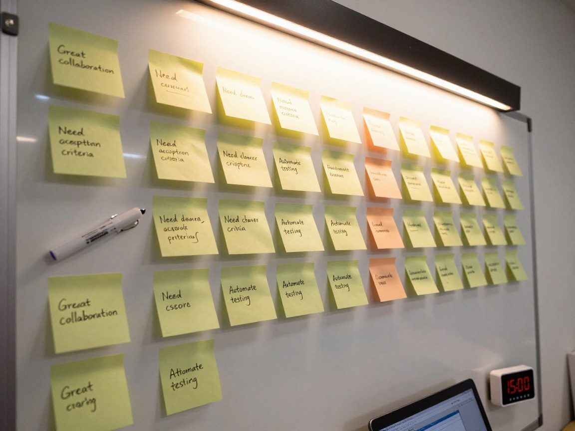Close‑up of a whiteboard covered in colorful post‑it notes with phrases like "Great collaboration" and "Automate testing", marker holder beside it, digital timer on laptop showing 15:00 minutes remaining, warm LED lighting.