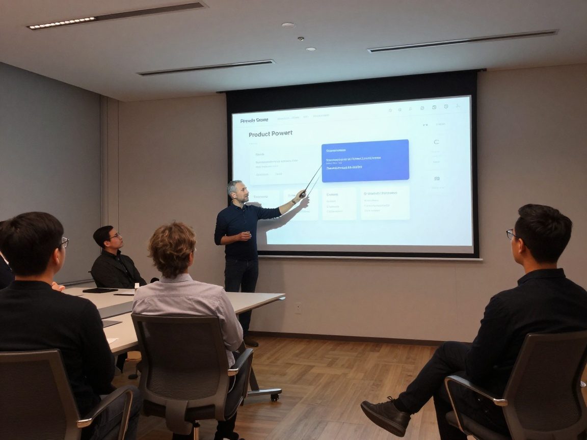 Medium shot of a Product Owner presenting a finished product increment in a sleek conference room, using a laser pointer on a projector screen while stakeholders watch.