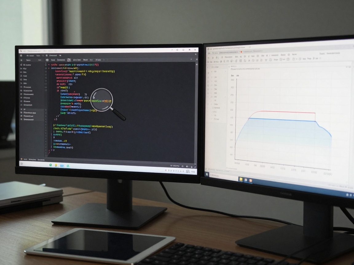 A medium‑shot of two monitors on a black stand: one shows an SQL editor with a highlighted query, the other displays a real‑time CPU usage graph; a glass tablet sits beside them under soft office lighting.
