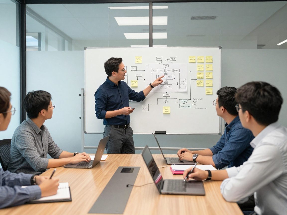 Medium shot of a Project Manager conducting a workshop in a bright glass‑enclosed meeting room, gesturing toward a laminated diagram on a whiteboard while team members take notes at a polished table.