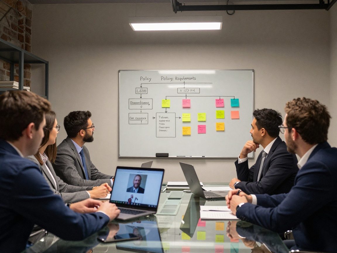 Diverse IT staff and legal counsel sit around a glass conference table, discussing a whiteboard flowchart with colorful sticky notes while a laptop displays a live video call.