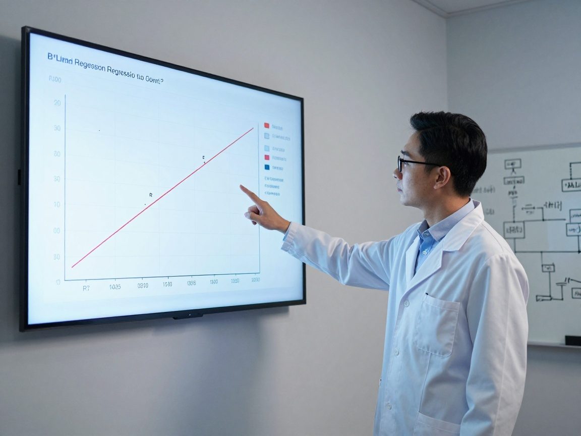 Engineer in lab coat pointing at wall display of scatter plot with fitted line, R² value and confidence intervals; whiteboard behind shows equations and flowcharts.