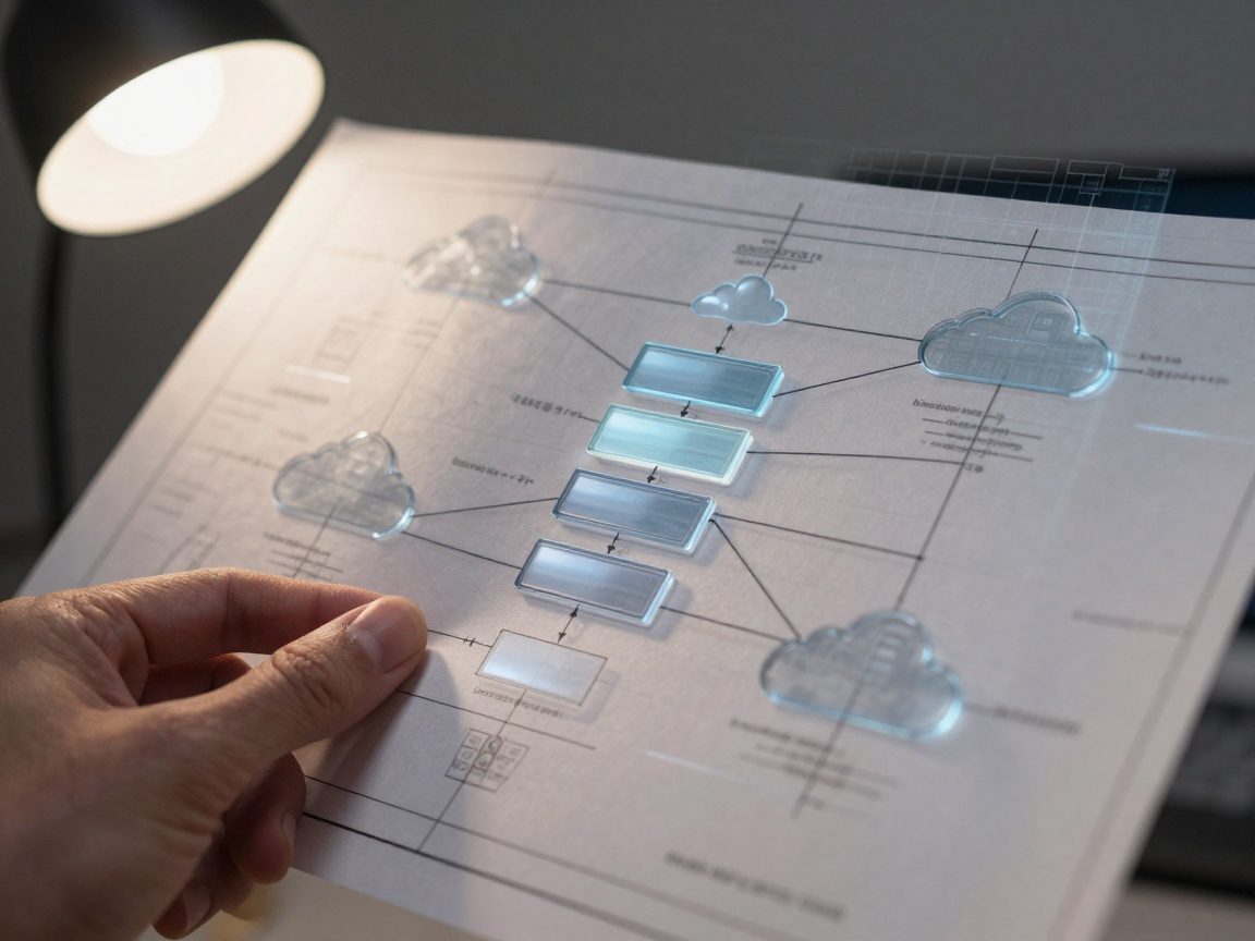 Close‑up hand holding a detailed architectural blueprint overlaid on a translucent holographic projection of a multi‑cloud network, showing interconnected nodes, load balancers and security layers with soft side lighting.