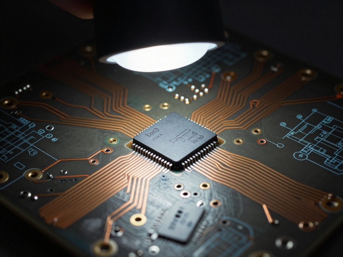 Magnified view of a circuit board showing intricate copper traces, tiny solder joints, microchips labeled in fine black ink, illuminated by a soft white LED with translucent blue schematic overlay.