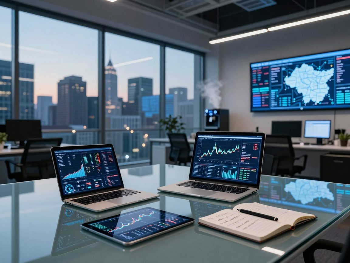 Wide-angle shot of an open-plan office at dusk, featuring a glass table with a laptop showing market graphs, a tablet displaying AI analytics dashboards, and a stylus beside a notebook; LED blue lighting highlights reflective surfaces and digital screens in the background.