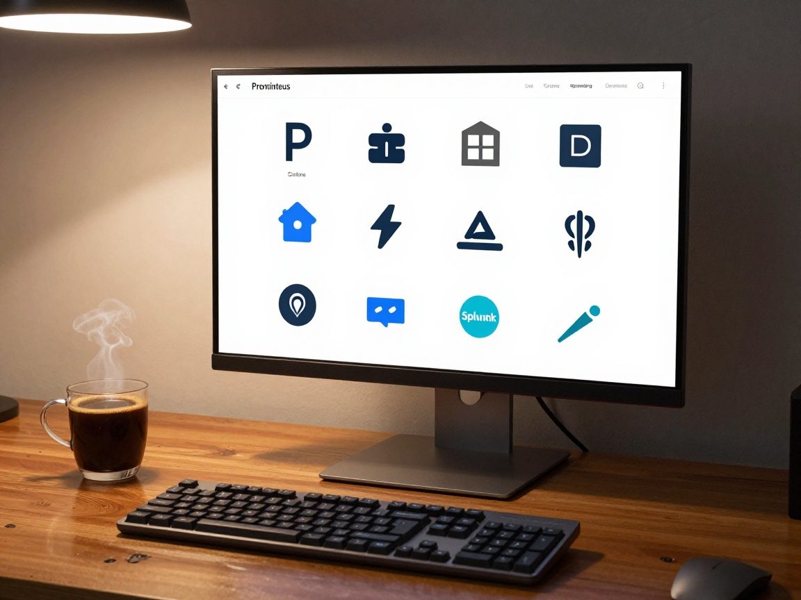 Medium shot of a polished wooden desk featuring a high-resolution monitor displaying icons for Prometheus, Grafana, Datadog, Splunk, and Dynatrace in realistic vector style, with subtle shadows and a steaming coffee cup beside a mechanical keyboard under warm office lighting.