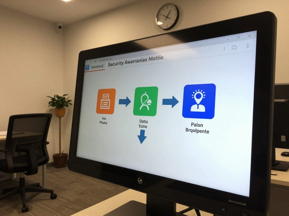 Close-up of a touchscreen in an office training room displaying colorful icons for phishing, password hygiene, and data classification with animated arrows guiding steps, surrounded by ergonomic chair, plant, clock, soft recessed lighting.