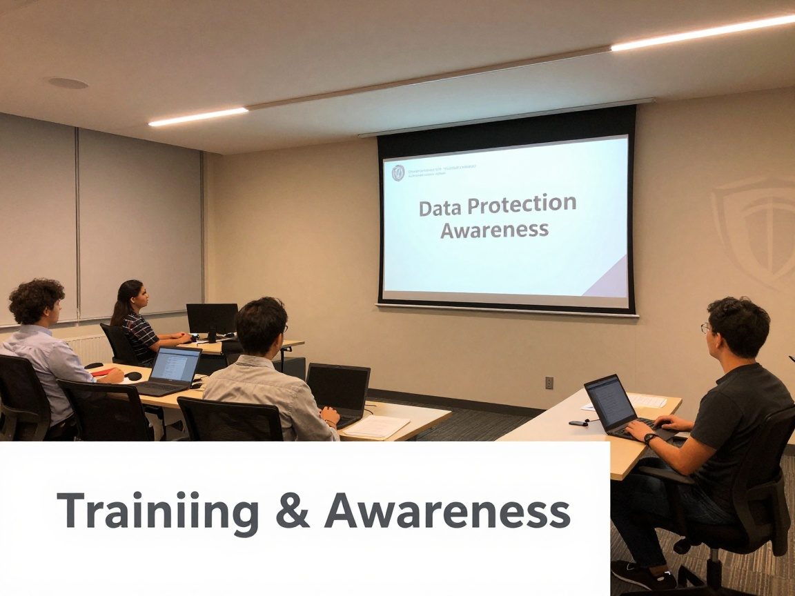 Wide‑angle view of a modern training room with a projector screen displaying a slide titled "Data Protection Awareness." Participants sit at ergonomic chairs, laptops open, bathed in warm LED lighting.