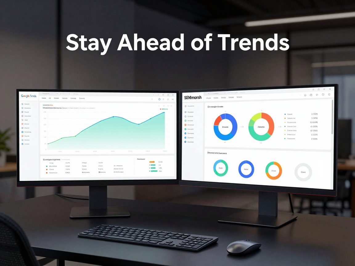 Wide‑angle view of a dual‑monitor desk displaying real‑time Google Trends and SEMrush dashboards, featuring dynamic graphs, keyword heat maps, traffic source pie charts, a wireless keyboard and mouse on a matte black surface under soft ambient lighting.