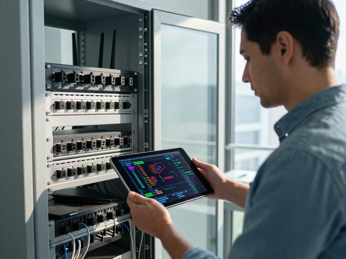 A network administrator stands beside a rack of routers holding a tablet displaying colorful packet capture charts, with natural daylight illuminating the modern office space.