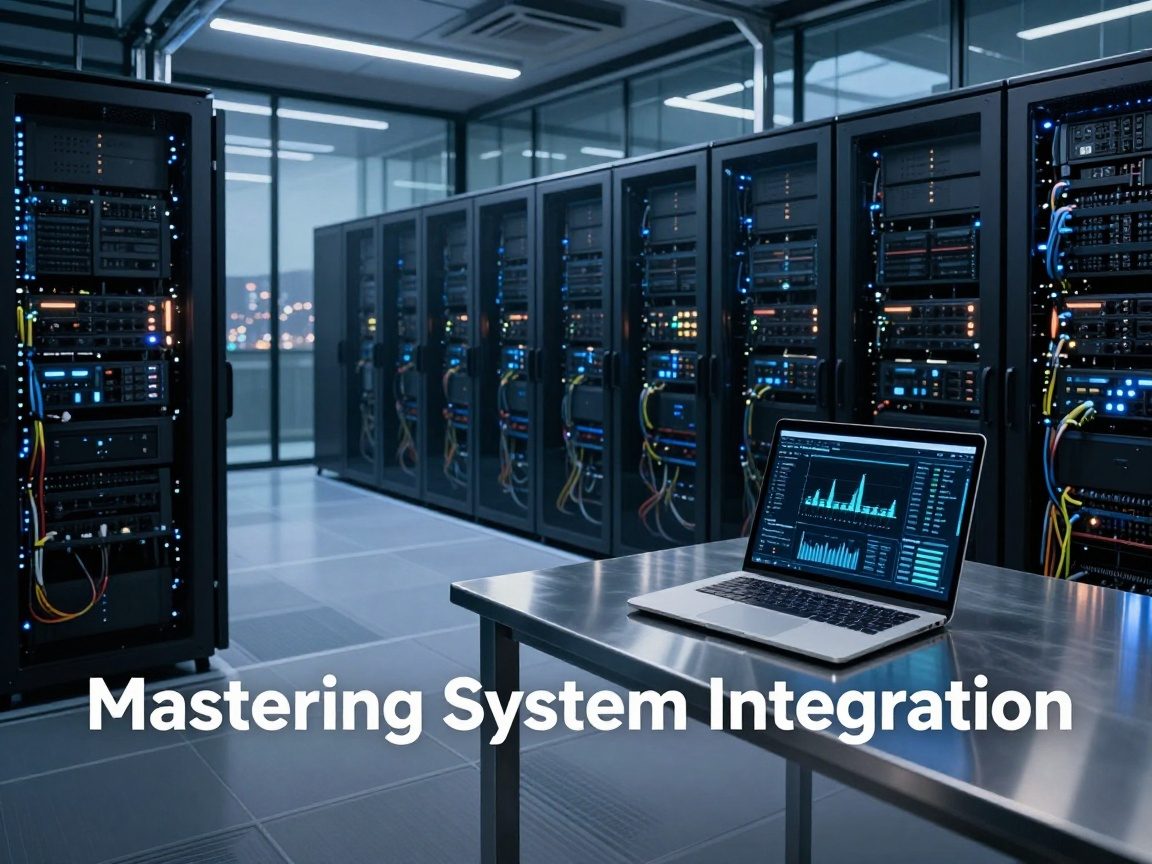 Photorealistic wide‑angle view of a data center floor with blue LED lighting highlighting server racks and cables; foreground shows a polished steel table with an open laptop displaying real‑time integration metrics, glass walls reflecting city lights at dusk.