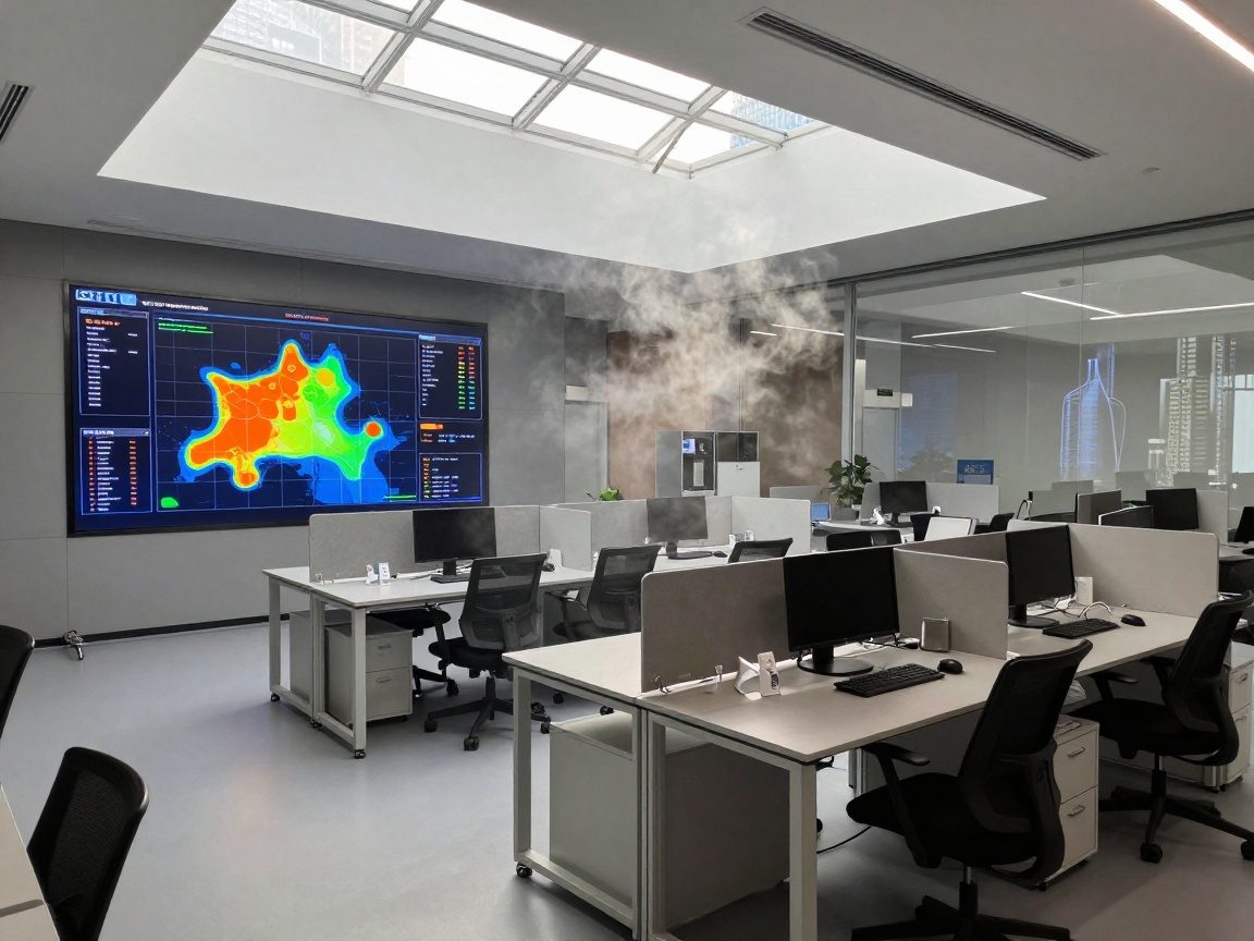 Wide-angle view of an open-plan innovation lab featuring modular workstations, a digital wall displaying a heat map with bright orange hotspots for emerging sectors, natural skylight lighting, metallic desks, mist from a coffee station, and a faint reflection of a futuristic city skyline on glass walls.