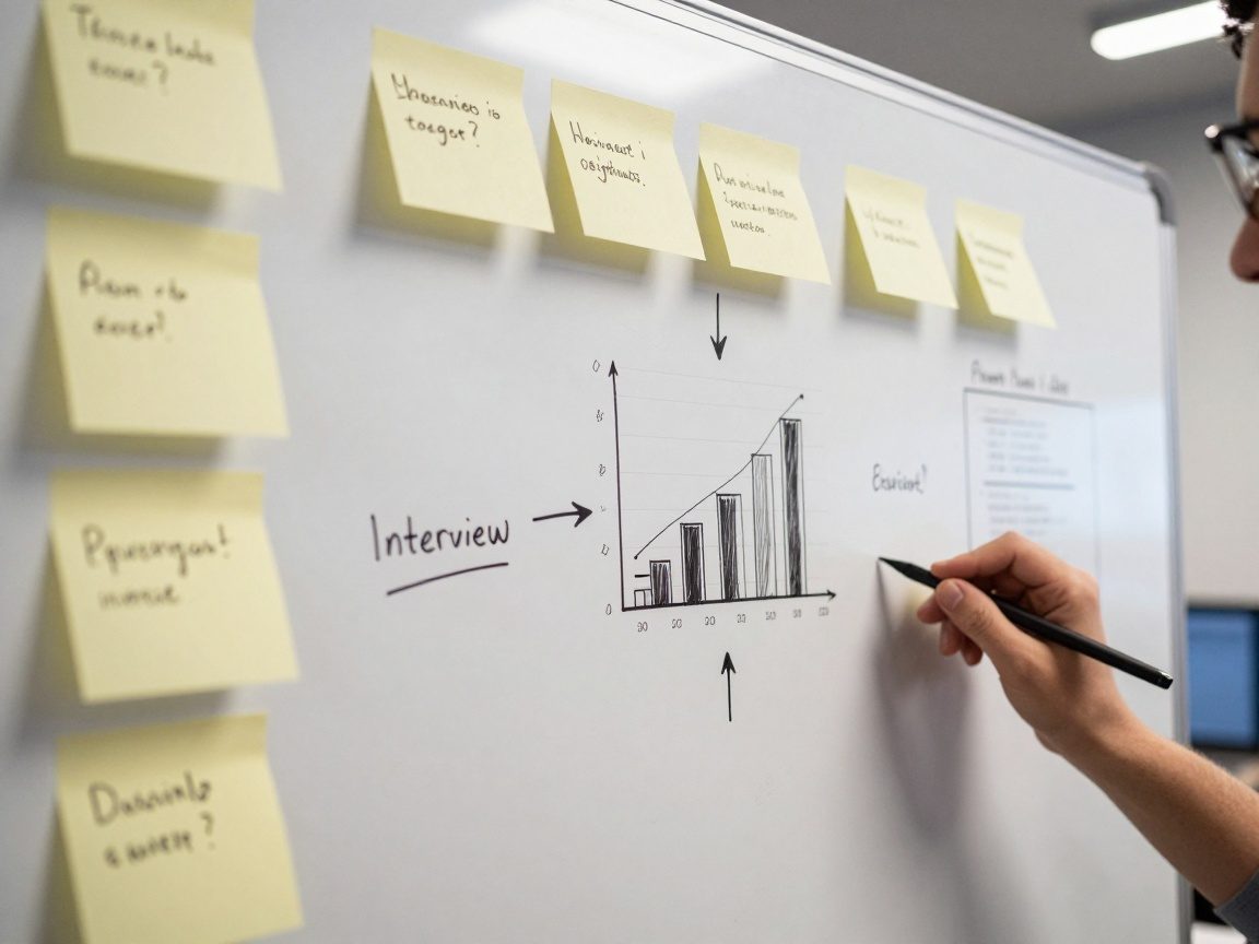 Close‑up of a whiteboard covered in sticky notes, flowcharts, handwritten interview questions, and a bar graph, illuminated by an overhead lamp, with faint fingerprints and a laptop screen reflection.