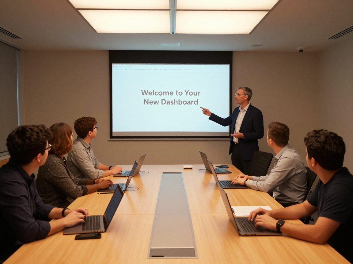 Wide-angle view of a modern training room with a long conference table, users with laptops watching a projector screen displaying a step-by-step tutorial on the new system interface.