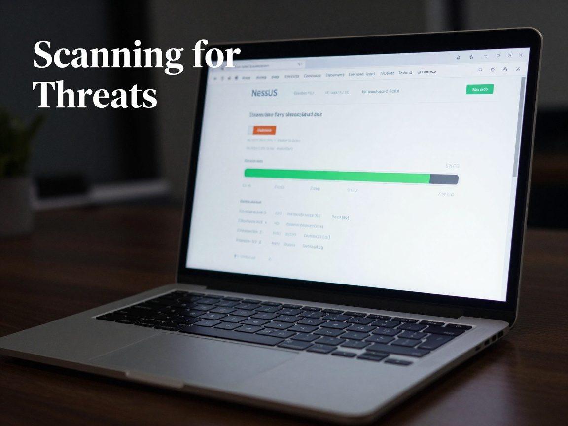 Medium shot of a laptop screen displaying a vulnerability scanner interface with a progress bar filling up, surrounded by a dark office illuminated only by the monitor’s glow.