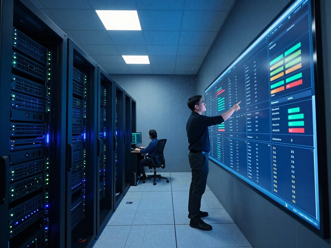 Wide‑angle view of a server room with rack‑mounted servers, blinking LEDs, a security analyst pointing at a wall display of vulnerability scan results; cool blue lighting and dust motes in shafts of light.
