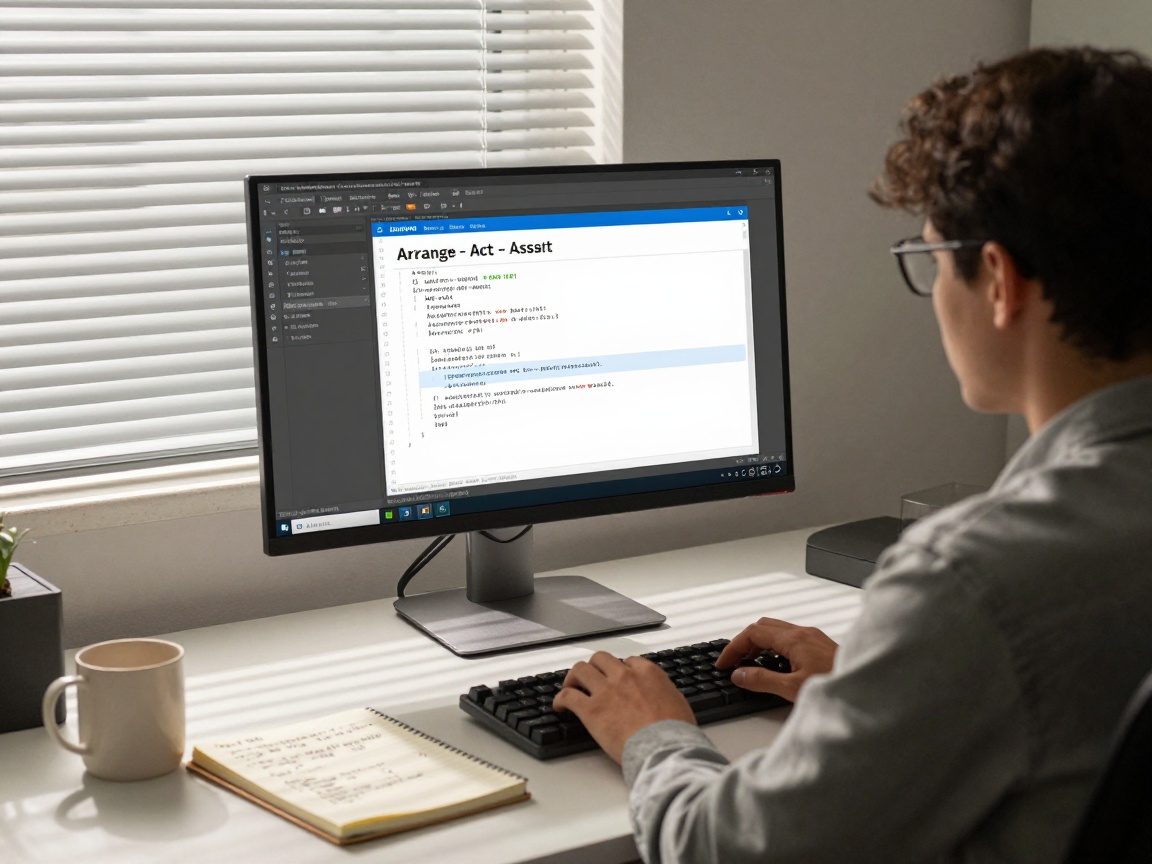 A QA engineer sits at a desk in a quiet office, typing on a mechanical keyboard while a large monitor displays a Java JUnit test case with Selenium, highlighting the Arrange‑Act‑Assert pattern.